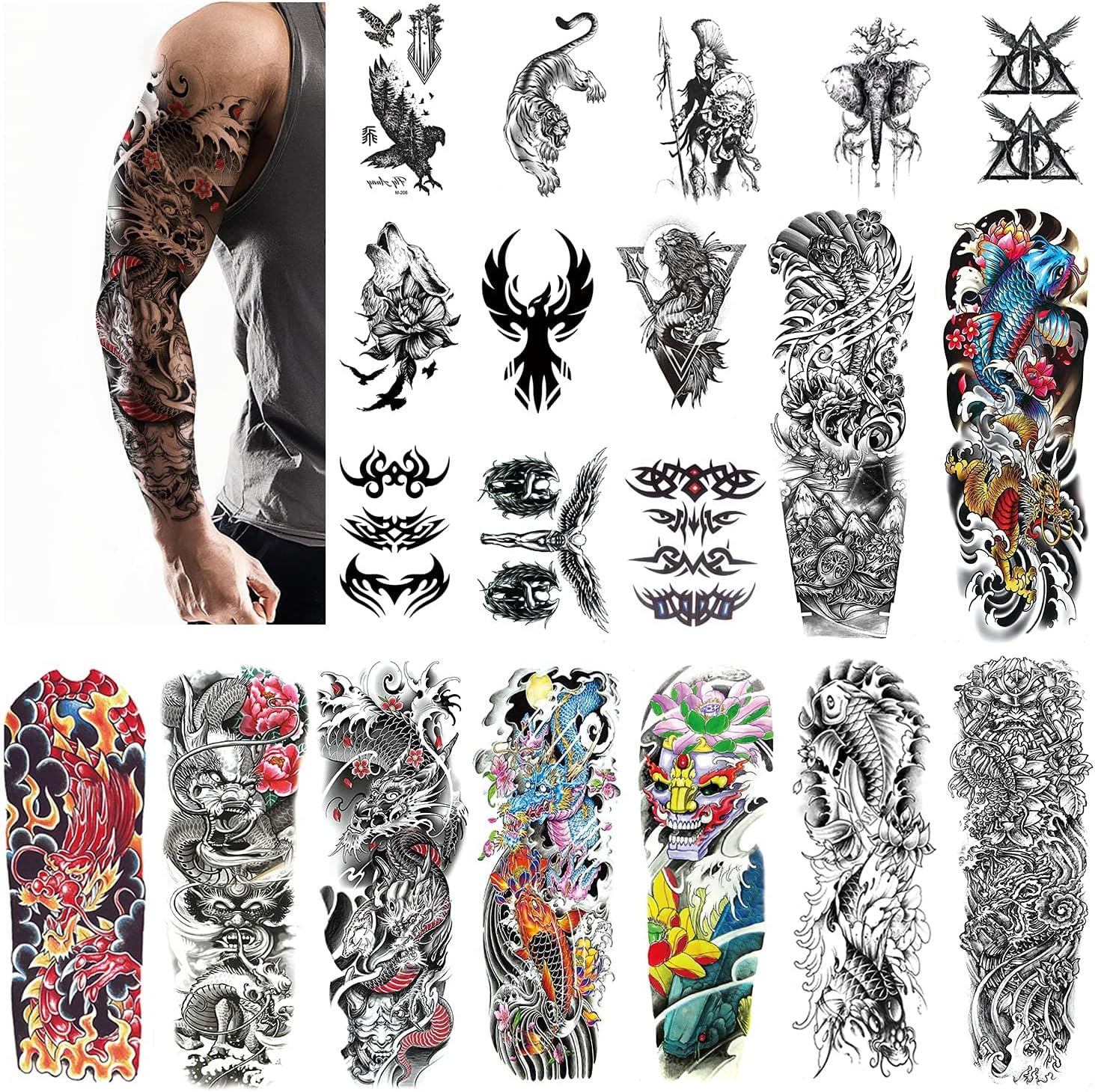 Aresvns Japanese Sleeve Tattoos for Men and Women 20 Sheets, Full Arm Temporary Tattoos for Adults, Waterproof Large Koi Fake Tattoos for BBQ Pool Beach Party image number 1