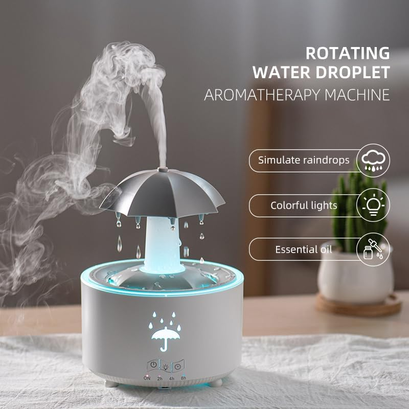Rain Umbrella Humidifier & Aroma Diffuser with Soothing Rain Sounds, Water Drip Effect, 7 Colors Mood Light, Timer and Auto-Off, Ideal for Relaxation, Sleep, Home, Bedroom, Desk(White) image number 6