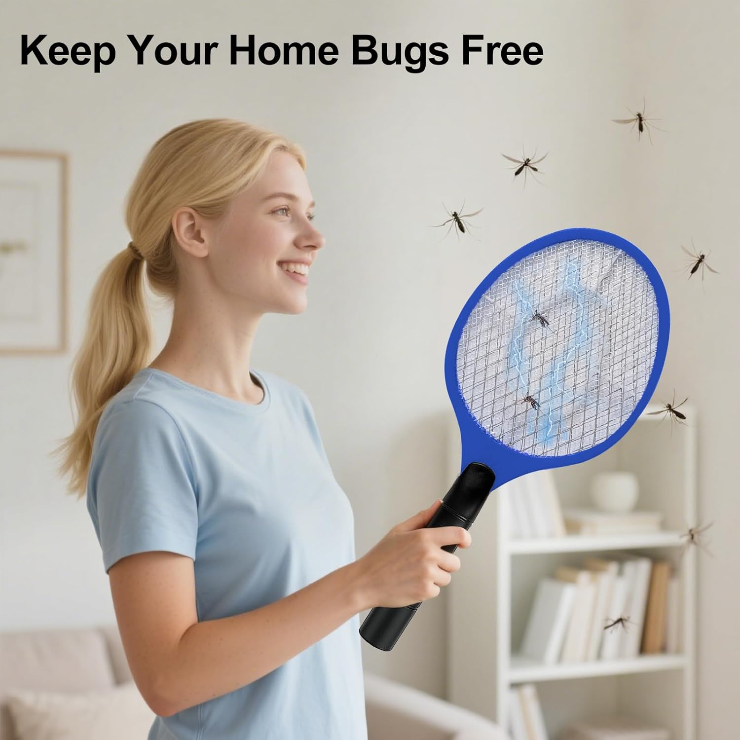 Vivva Bug Zapper Electric Fly Swatter Zap Mosquito, Indoor Outdoor Zapping Racket for Pest - Safe to Touch with 3-Layer Safety Mesh (Blue) - Black image number 5
