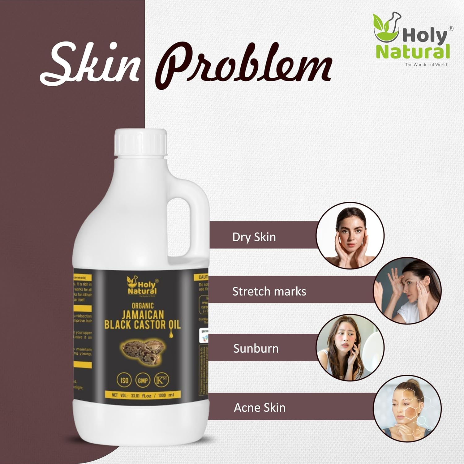 Holy Natural - the Wonder of World Organic Jamaican Black Castor Oil (1000Ml), Cold Pressed, USDA Certified, Traditional Roasted Castor Beans Smell, Chemical Free, Best for Skin and Hair