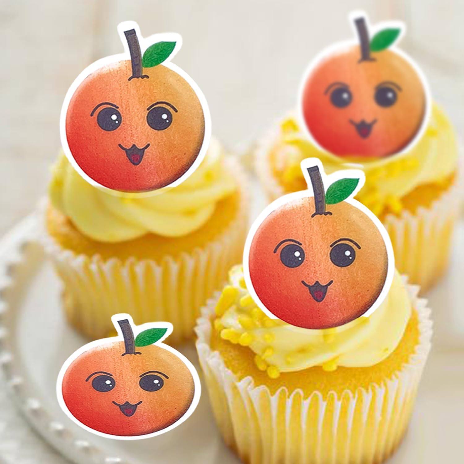 50Pcs Cartoon Fruit Smiley Cupcake Decoration, Edible Wafer Paper Creative Apple Banana Cherry Baby Full Moon Birthday Festival Series Theme Party Dress up Plug-In (Orange 50Pcs) image number 5