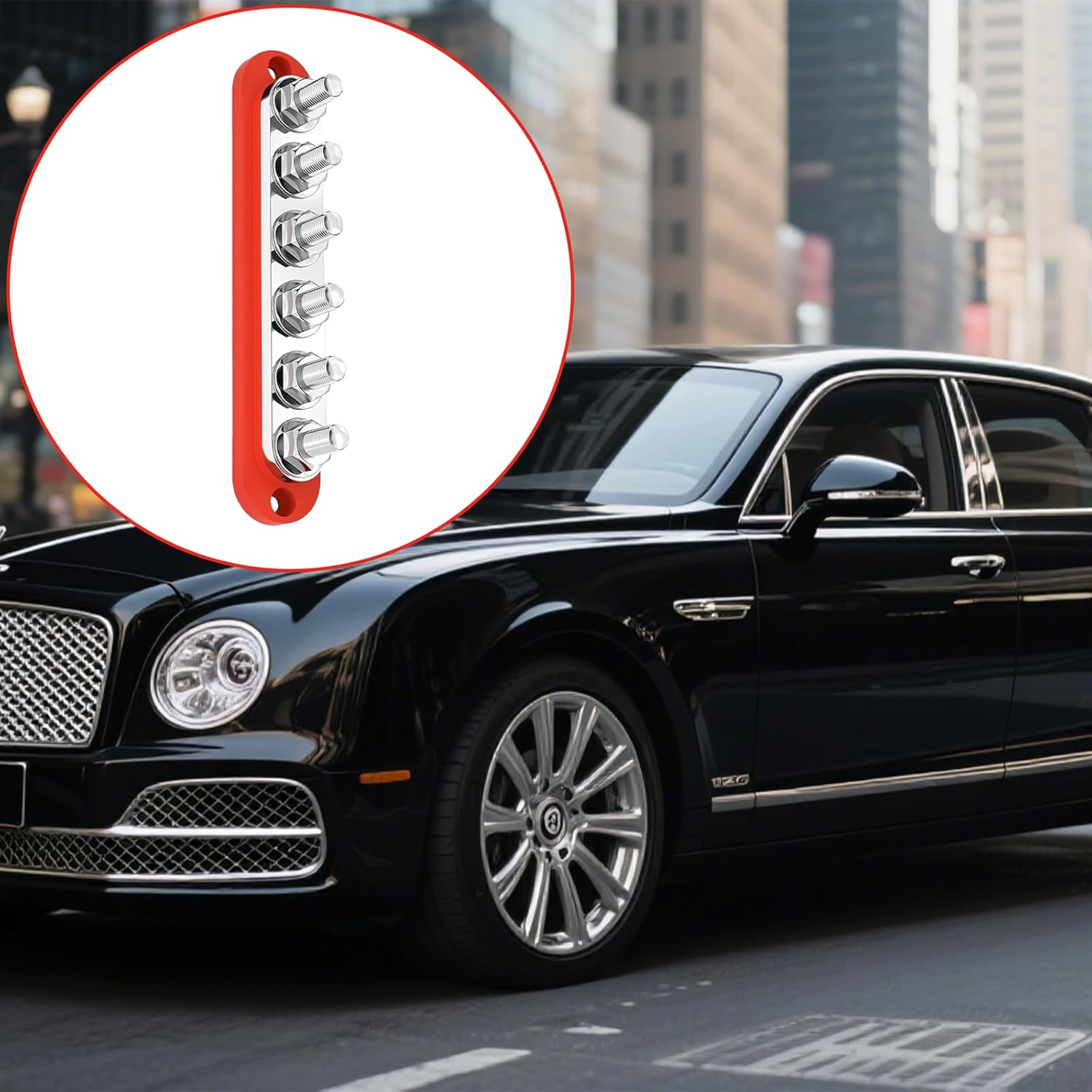 Bus Bar 6 Gang 300A M8 Power Distribution Block Terminal Post Stud 12V Black Nickel Plated for Corrosion Protection, Enhance RV Experience (Red)