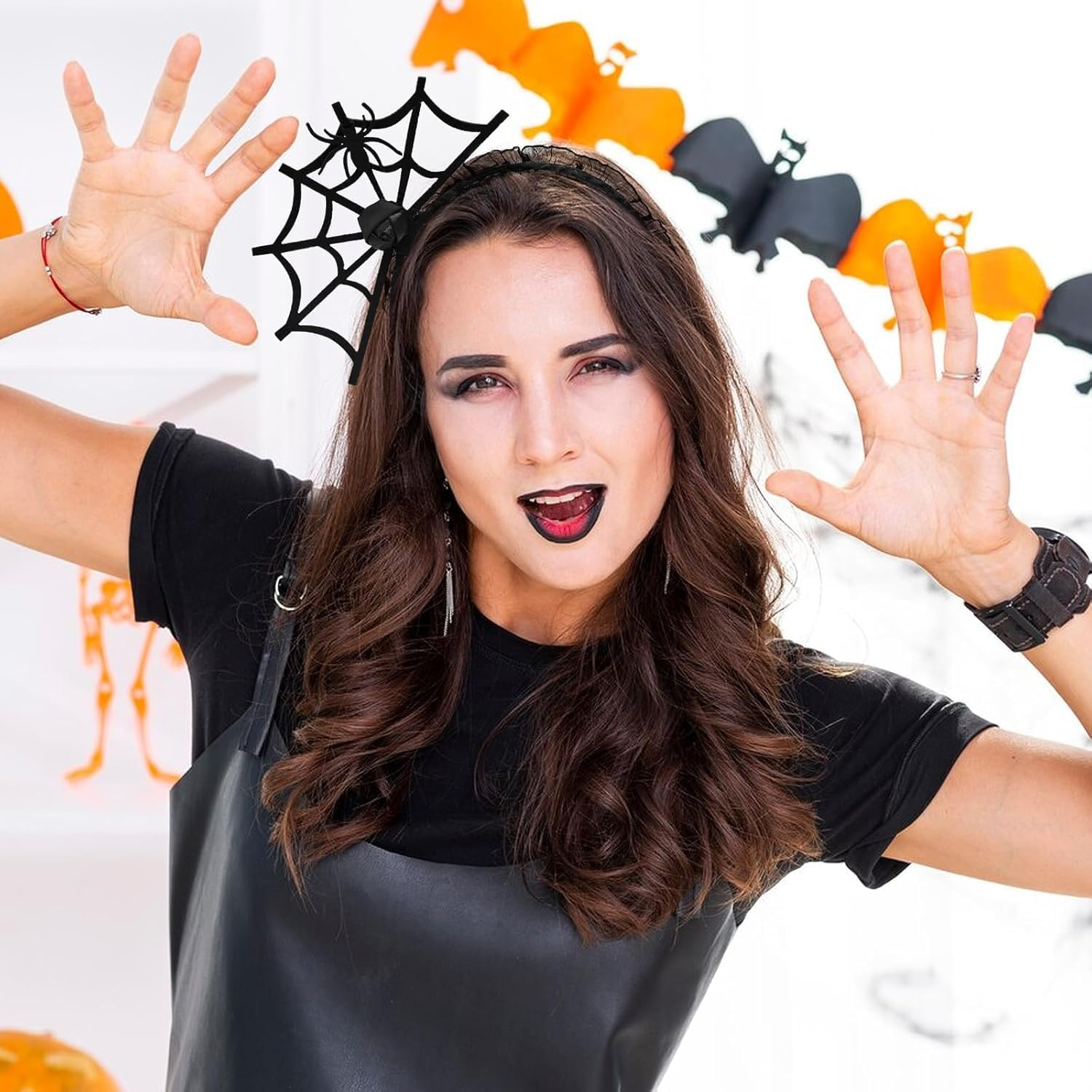 Set of 2 Black Bat Ears Headband & Spider Web Headband, Halloween Costume Decoration Accessories for Children, Adults, Women, Men, Headpiece Hair Accessories for Halloween Costume image number 2