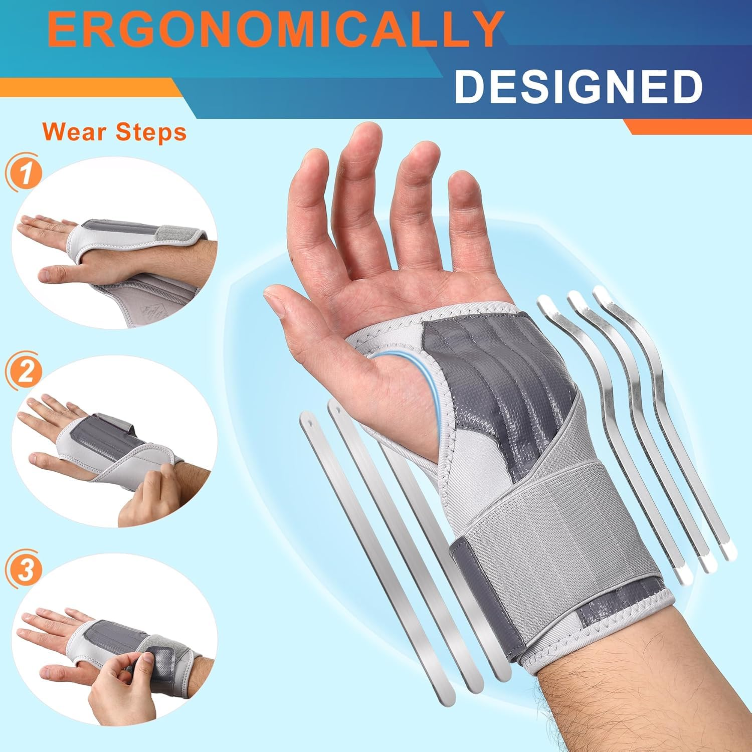 Wrist Brace for Carpal Tunnel, Adjustable Night Wrist Support Brace with Splints Right Hand, Hand Support for Arthritis, Tendonitis, Sprain, Injuries, Wrist Pain, Men Women (Right Hand-Grey) image number 2
