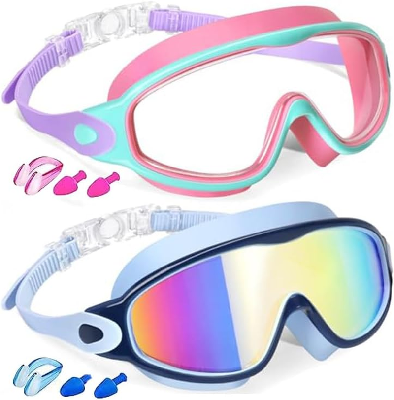 Swim Goggles for Kids 2 Pack, Anti-Fog UV Protection No Leak Swimming Goggles for Boys and Girls Ages 3-15, Adjustable Wide View Goggles with Nose Clip & Ear Plugs