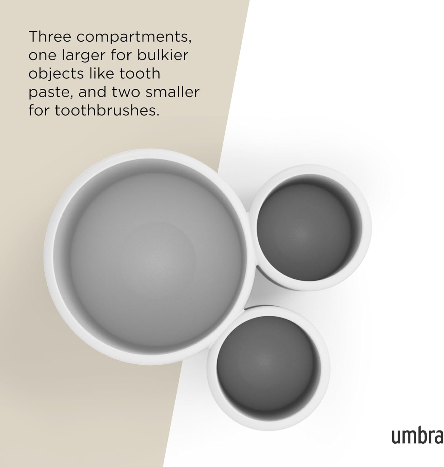 Umbra Touch Toothbrush Toothpaste Modern Bathroom Storage Organizer Holders Stand Rack with Multi-Functional 3 Slots and Dividers-Doesn'T Wobble or Fall Over, 3 &frac12; X 3 X 4 Inches, White Bath image number 1