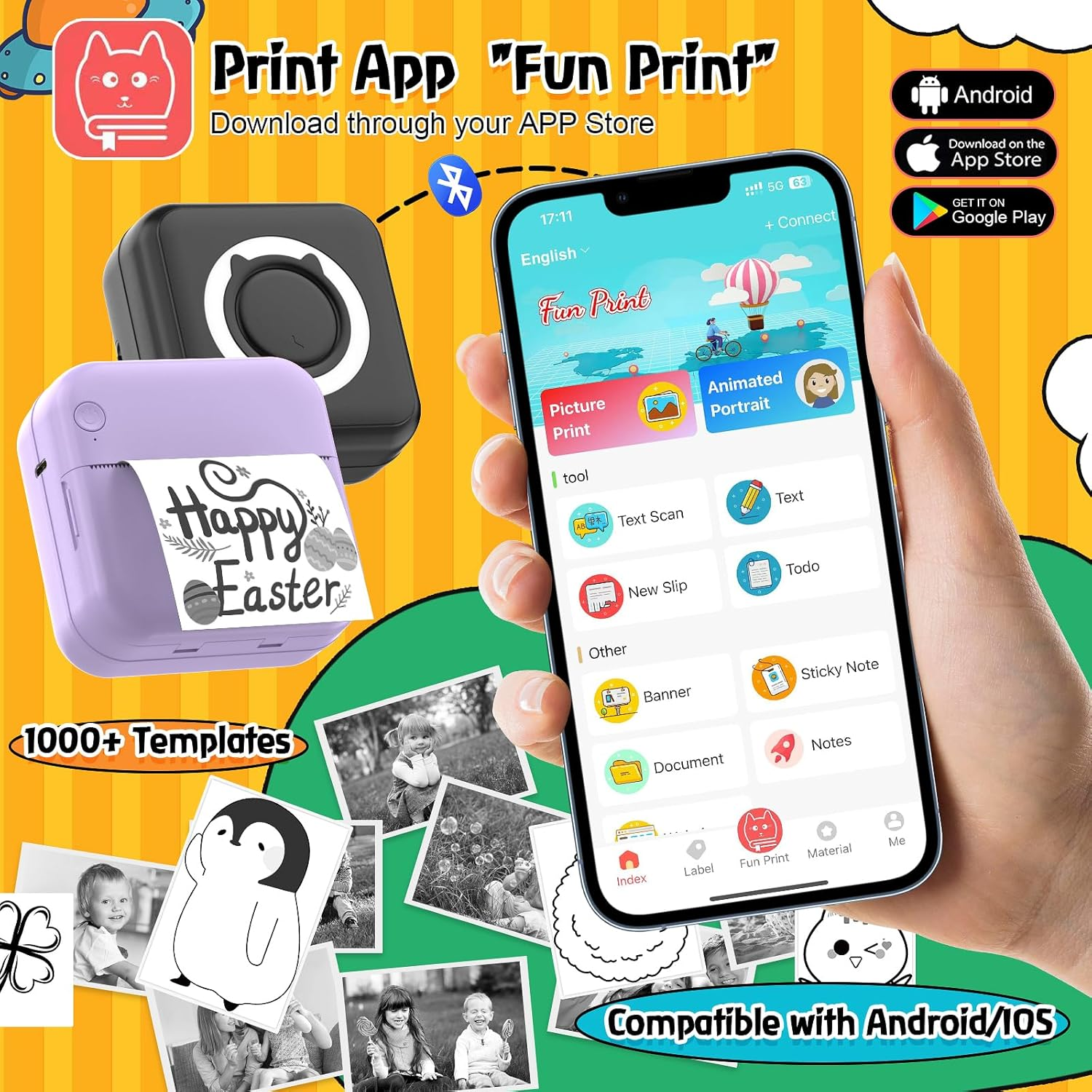 QYCHHJ Mini Sticker Printer for Iphone/Android/Tablet, Bluetooth Mini Pocket Printer Portable with 8 Rolls Thermal Paper, Inkless Thermal Printer for Study Notes Journal Memo Photo Picture, Purple image number 3