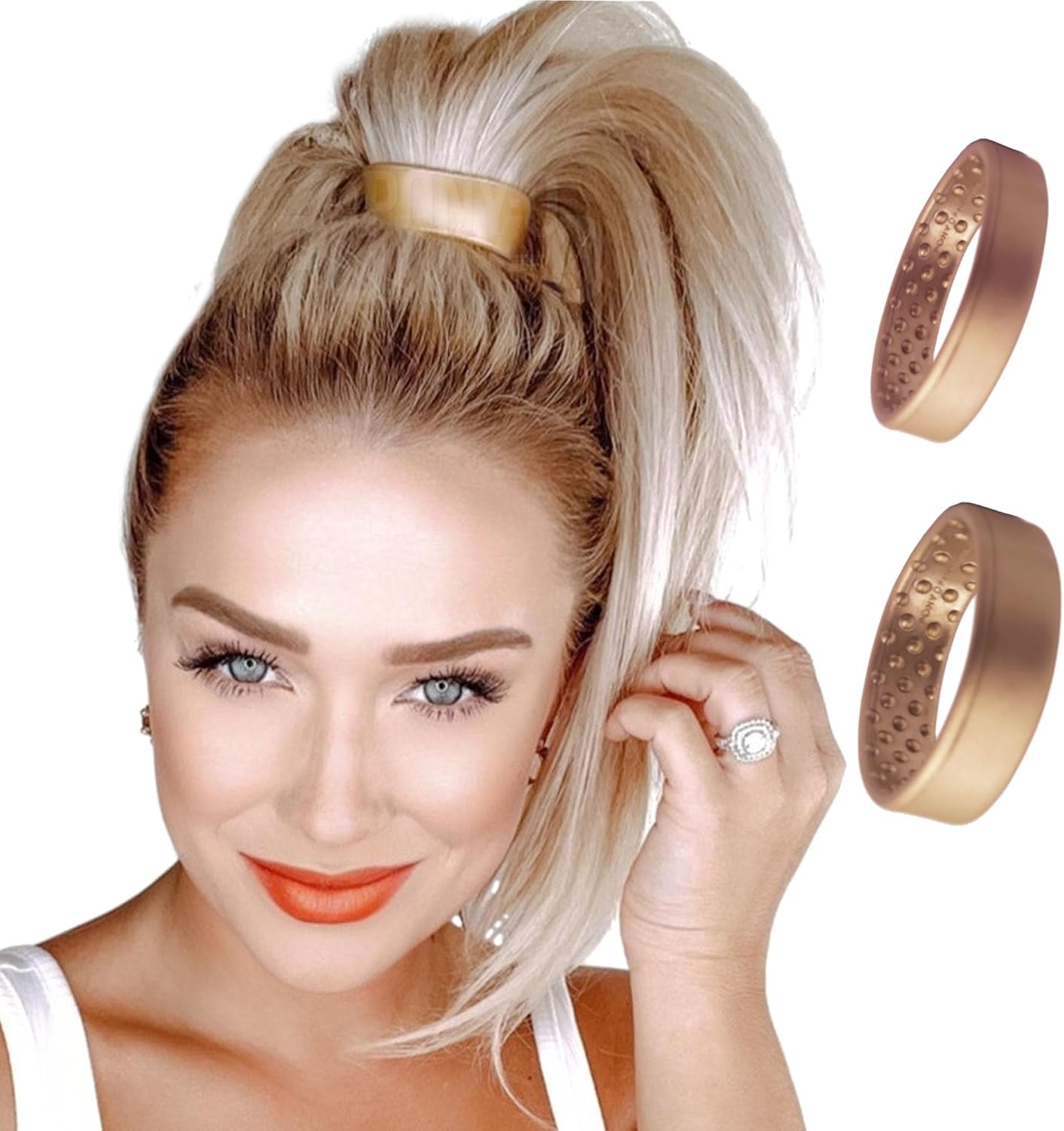 2-Pc Designer PONY-O - 1 Narrow & 1 Wide Bendable Printed Hair Tie | No Damage Ponytail Holder (Gold Metalic, Medium)