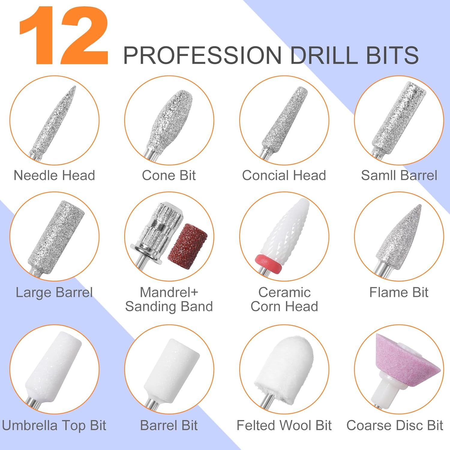MEKK Nail Drill Kit,35000Rpm Electric Nail Drill Professional Electric Nail File with 12PCS Bits,Anti-Shaking Cordless E Filer for Nails,Home & Salon(Orange Blue) - A-Orange image number 5