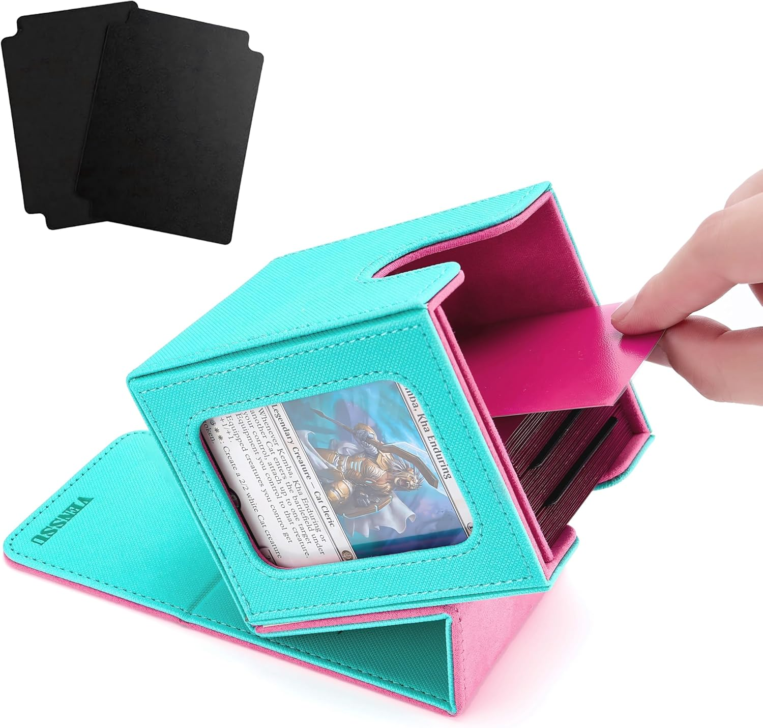 Venssu MTG Deck Box for Commander Display,Card Deck Box Fits 100 Double Sleeved Cards, TCG Card Storage Box with 2 Dividers and 1 Toploader (Black＆Blue)