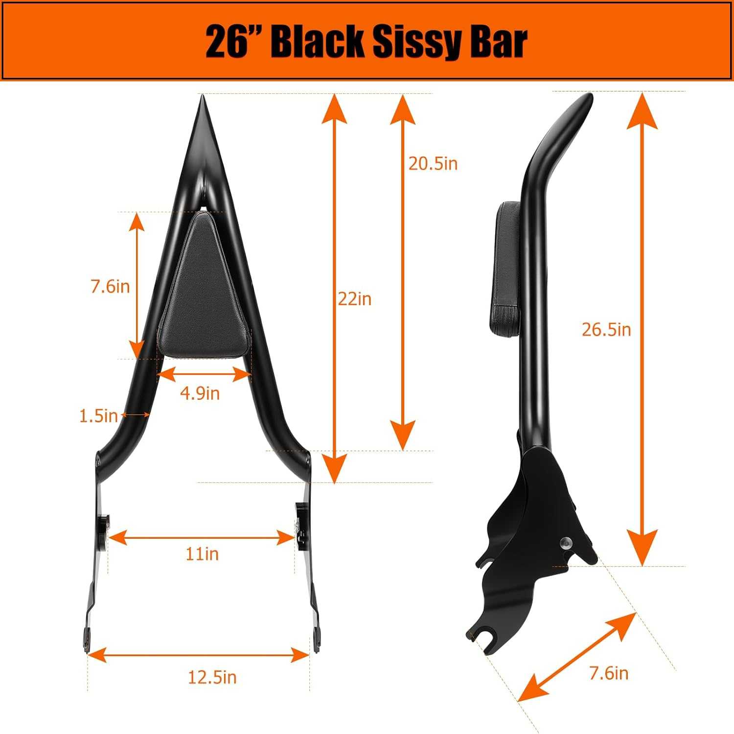 26" Motorcycle Sissy Bar for Harley, Integrated Passenger Backrest Compatible for Harley Davidson Touring CVO Street Glide Road Glide Electra Glide Road King FLHR FLHX FLHT FLTR 2009-2024 image number 5