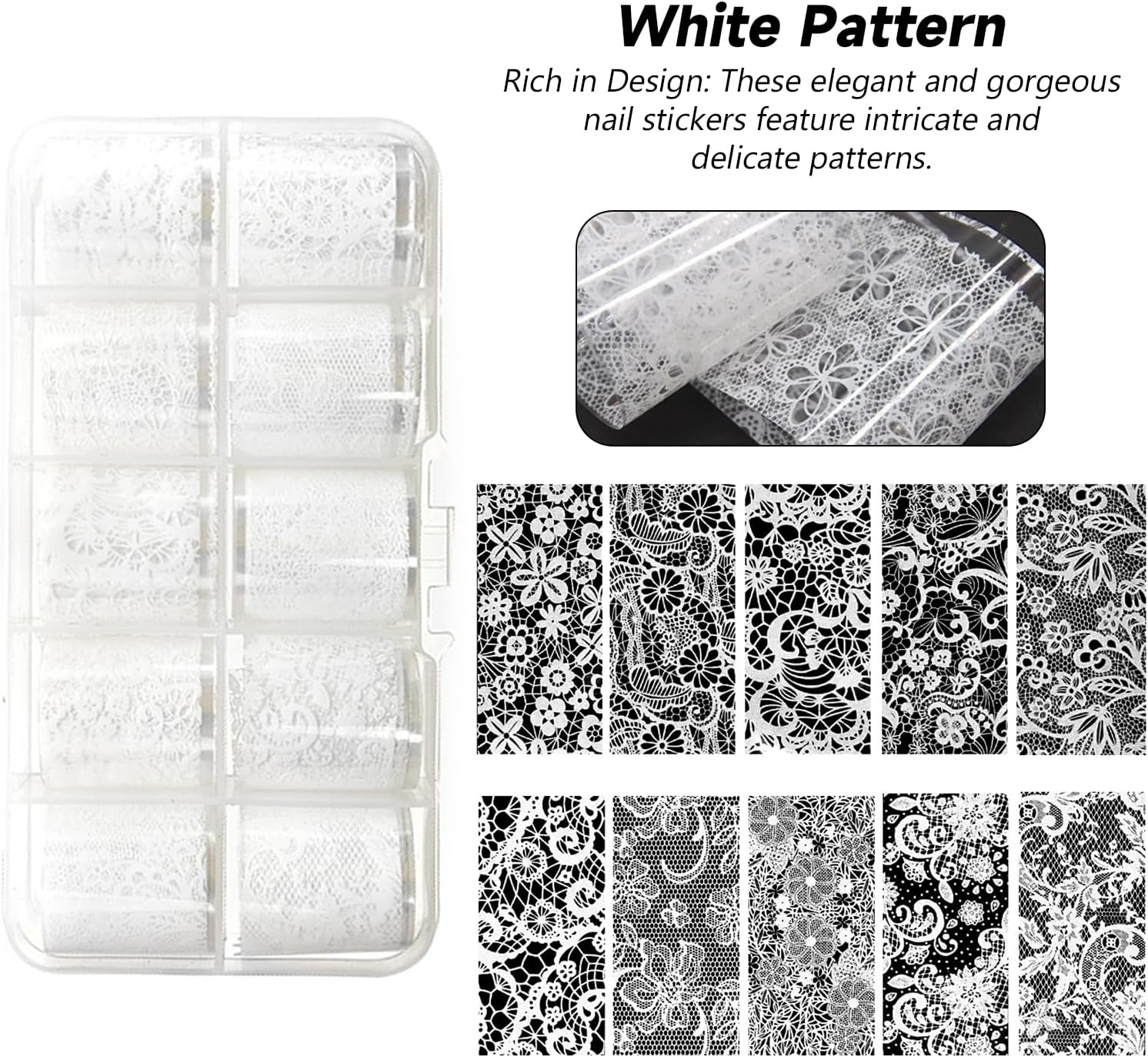Xlihdzum 20 Rolls Nail Foil Transfer Stickers Lace Foils Black White Flower Foils - Nail Art Stickers Nail Supplies Nail Stickers for Nail Art for Women Nail Decorations DIY Arts Manicure (Style1) image number 5