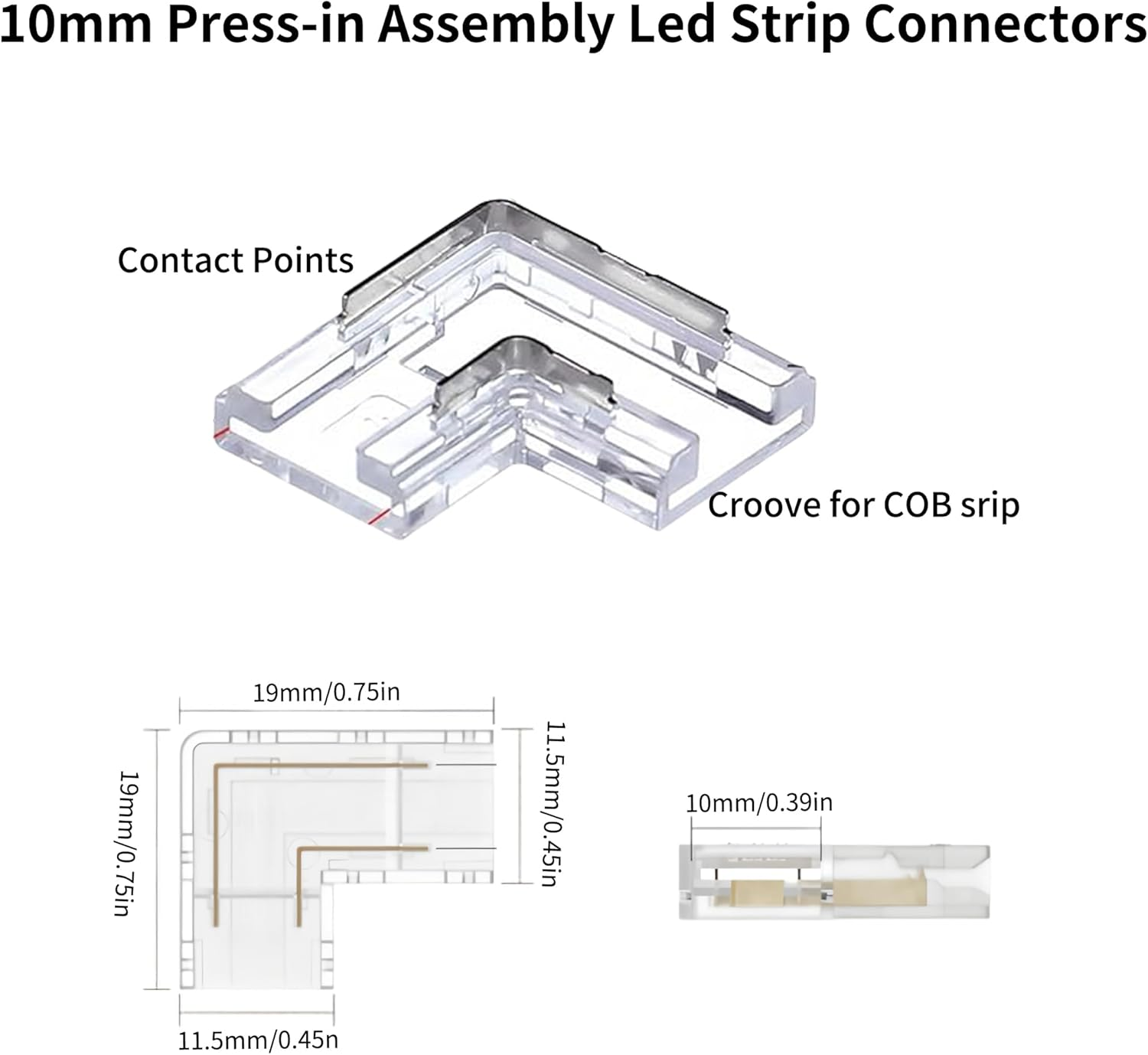 Clearhill 10Mm 2Pin 10Pcs L-Shape Press-In Assembly COB Led Strip Connectors,Ultra Slim,90&deg;Right Angle Corner Joints for Single Color 5V/12V/24V Light Strips,Transparent Terminal,Safe Connection. image number 6