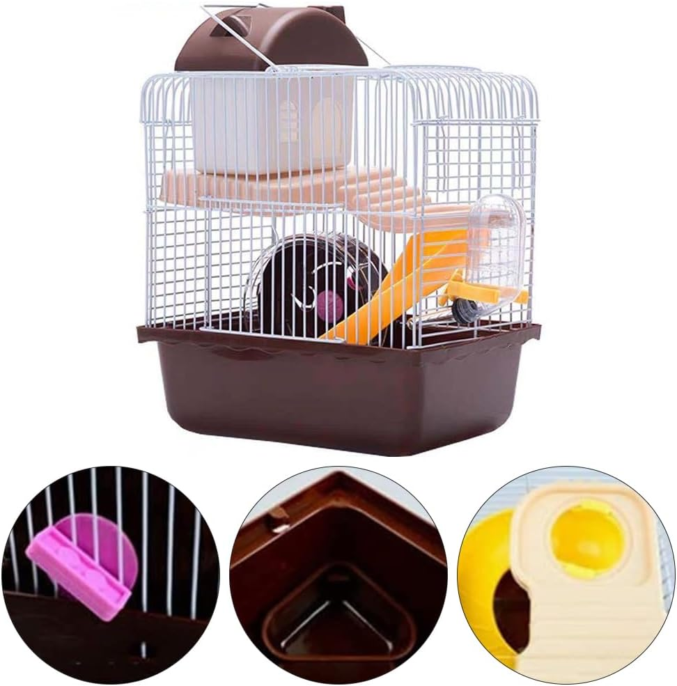 TOMVAES Hamster Cage, 2 Floors, Portable Travel Cage, Large Hamster Hutch, Castle Style, Interactive House, for Hamsters, Golden Polar Bear, Coffee and White, 23X17X30 Cm, PP, Wire image number 2