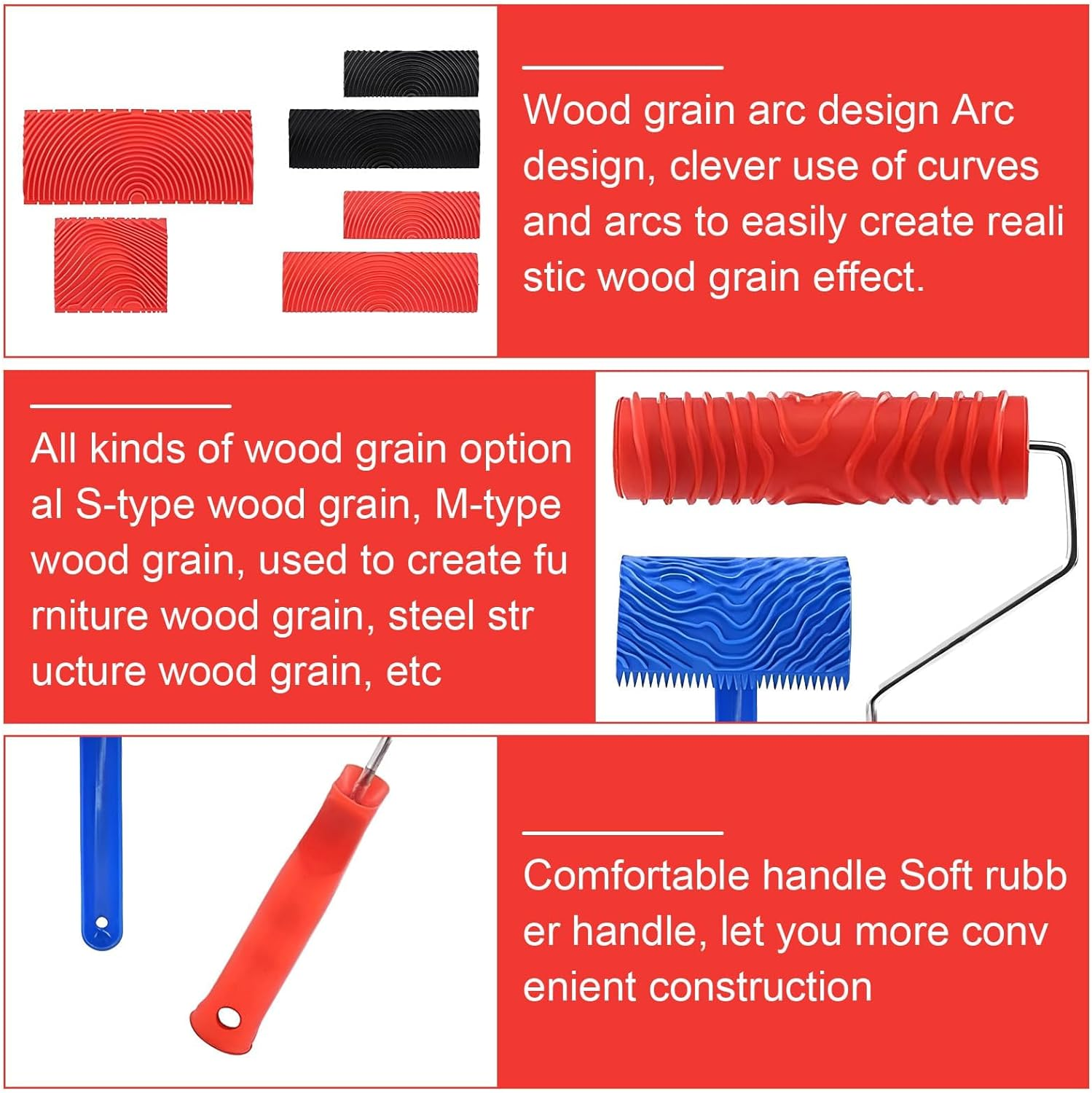 QYINXIU Wood Grain Rollers Tool Set, 8 Pcs Wood Grain Roller Painting Tool with Handle DIY Rubber Graining Tool Paint Look like Wood Graining Tool Combo for Wall, Floor, Furniture Decor image number 2