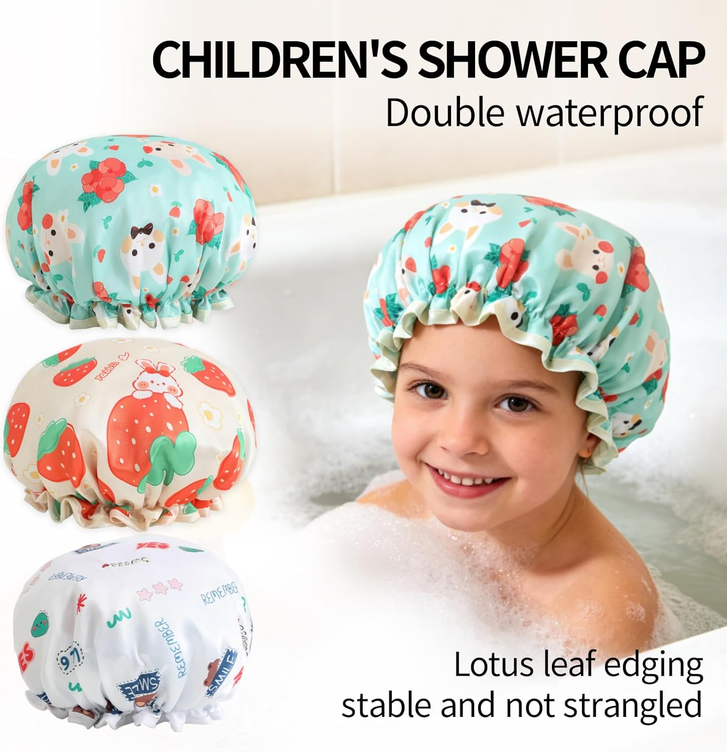 3-Pack Kids Shower Cap, Double-Layer Waterproof Shower Cap - Rabbit & Strawberry & Bear Cartoon Patterns, Adjustable Elastic Band, Soft Kids Sleeping Cap Reusable Bathing Cap for Kid
