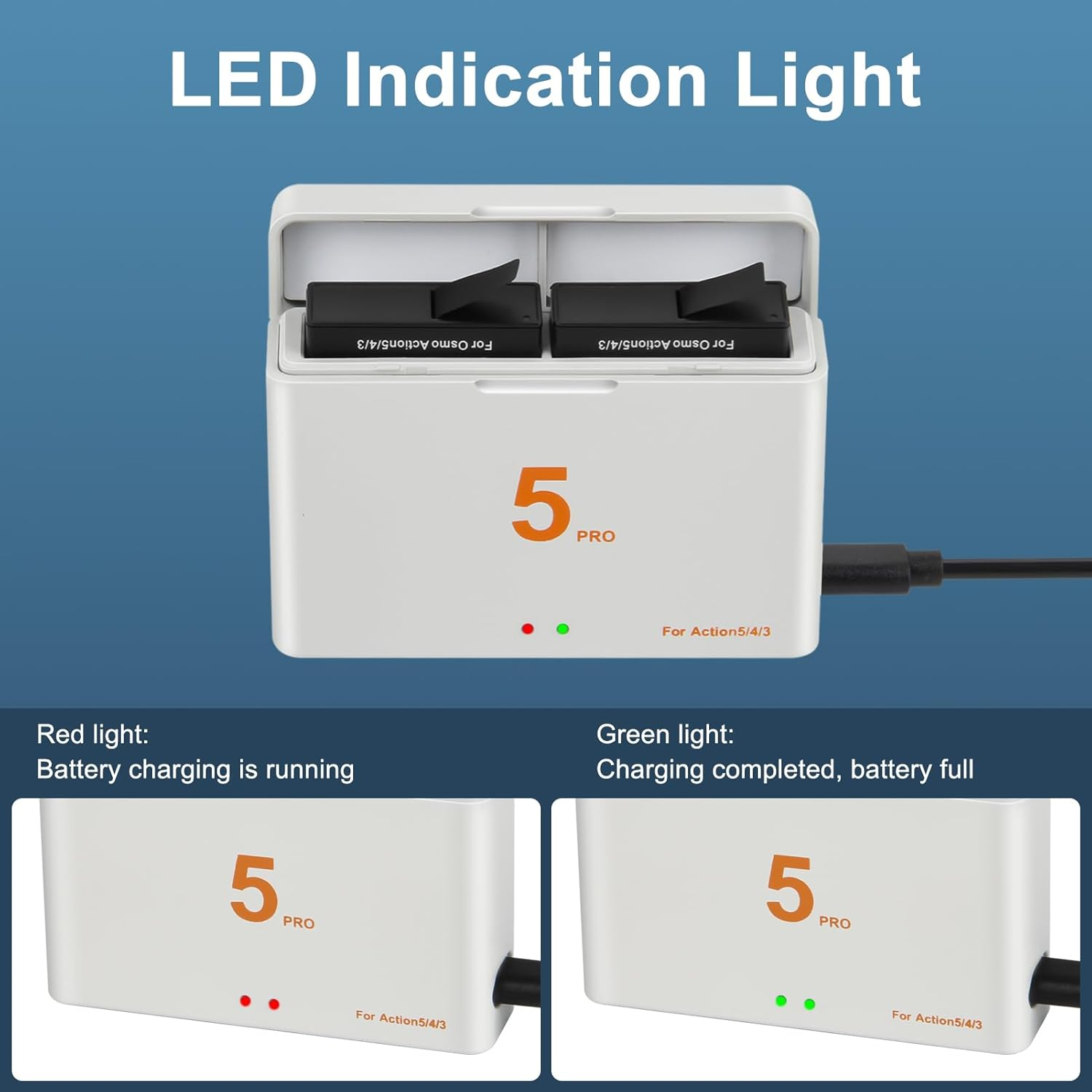 Pack of 2 Shentec 2200 Mah DJI Osmo Action 5 Pro/4/3, Batteries and LED Dual USB Charger Accessories, Compatible with DJI Osmo Action 3, Action 4, Action 5 Pro, Camera image number 6