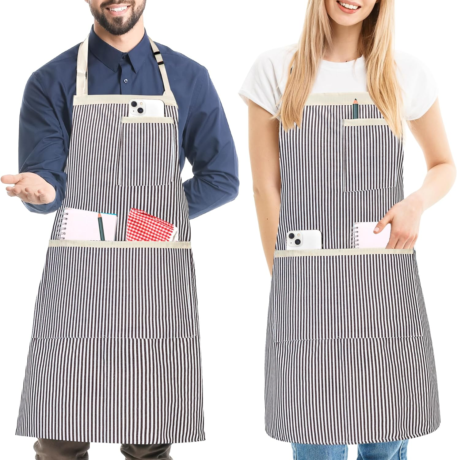 2 Pack Stripe Kitchen Apron, Adjustable Bib Soft Apron with 3 Pockets, Chef Aprons for Men Women, Cooking Aprons for BBQ Painting Gardening Baking Restaurant