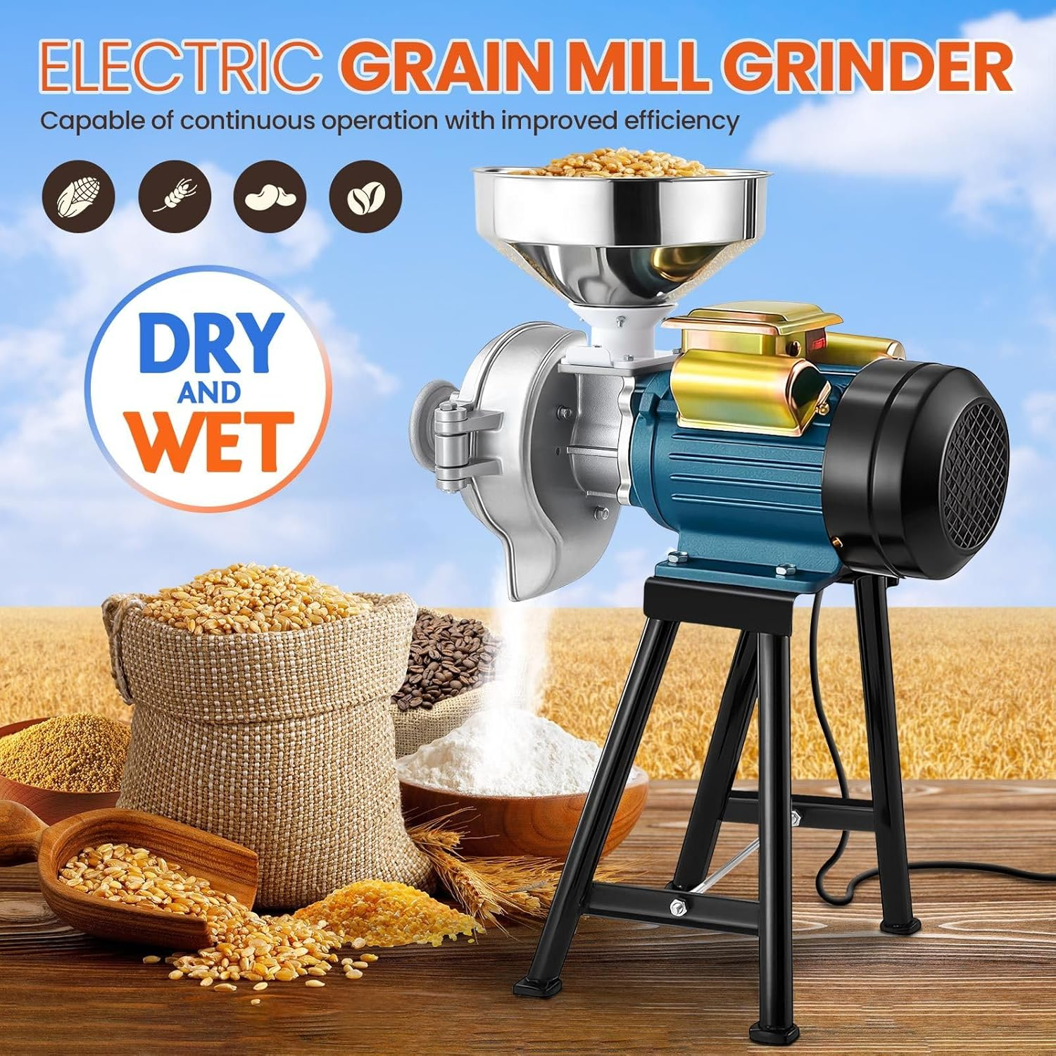 Maxkon 3000W Electric Grain Mill Grinder Machine Dry Wet Corn Rice Wheat Feed Flour Spice Cereal Coffee Bean Powder Commercial Home Nut Tofu Sorghum Milling image number 2