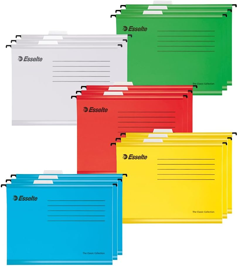 Esselte 90336 Classic Reinforced Suspension File, Foolscap, Pack of 25, Tabs Included, Red, 360 X 240 Mm