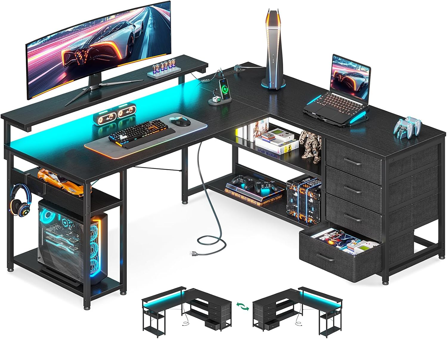 ODK L Shaped Desk with 4 Drawers, Corner Gaming Desk with LED Lights & Power Outlets, Reversible Home Office Computer Desk with Monitor Shelf,135 * 112.1 * 91.2Cm, Black