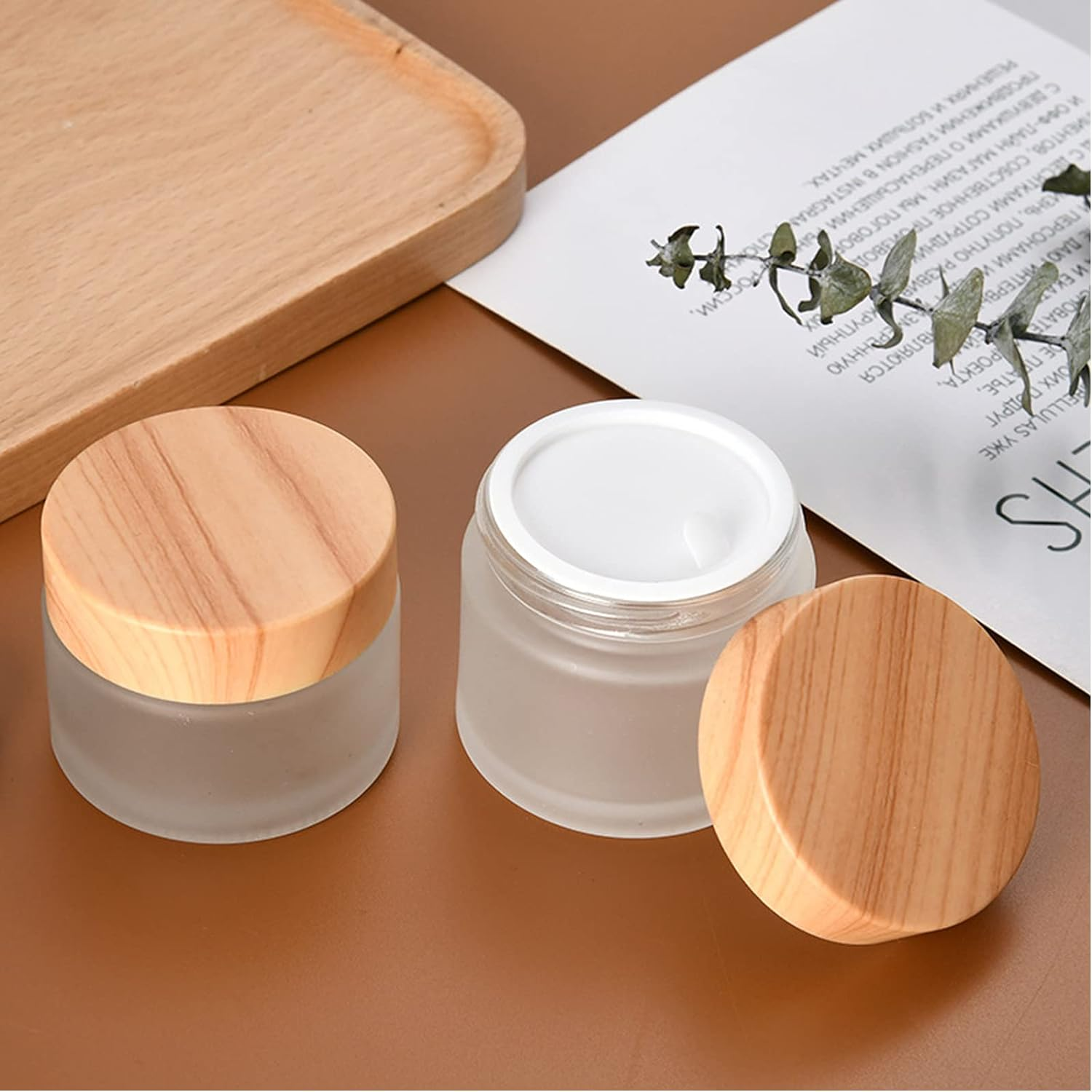 20 Pcs Glass Bottles (10G) 10 Gram/Ml Glass Cosmetic Containers with Lids Refillable Matte Cosmetic Cream Jar round Small Lotion Containers with Wood Grain Lid 20 PCS