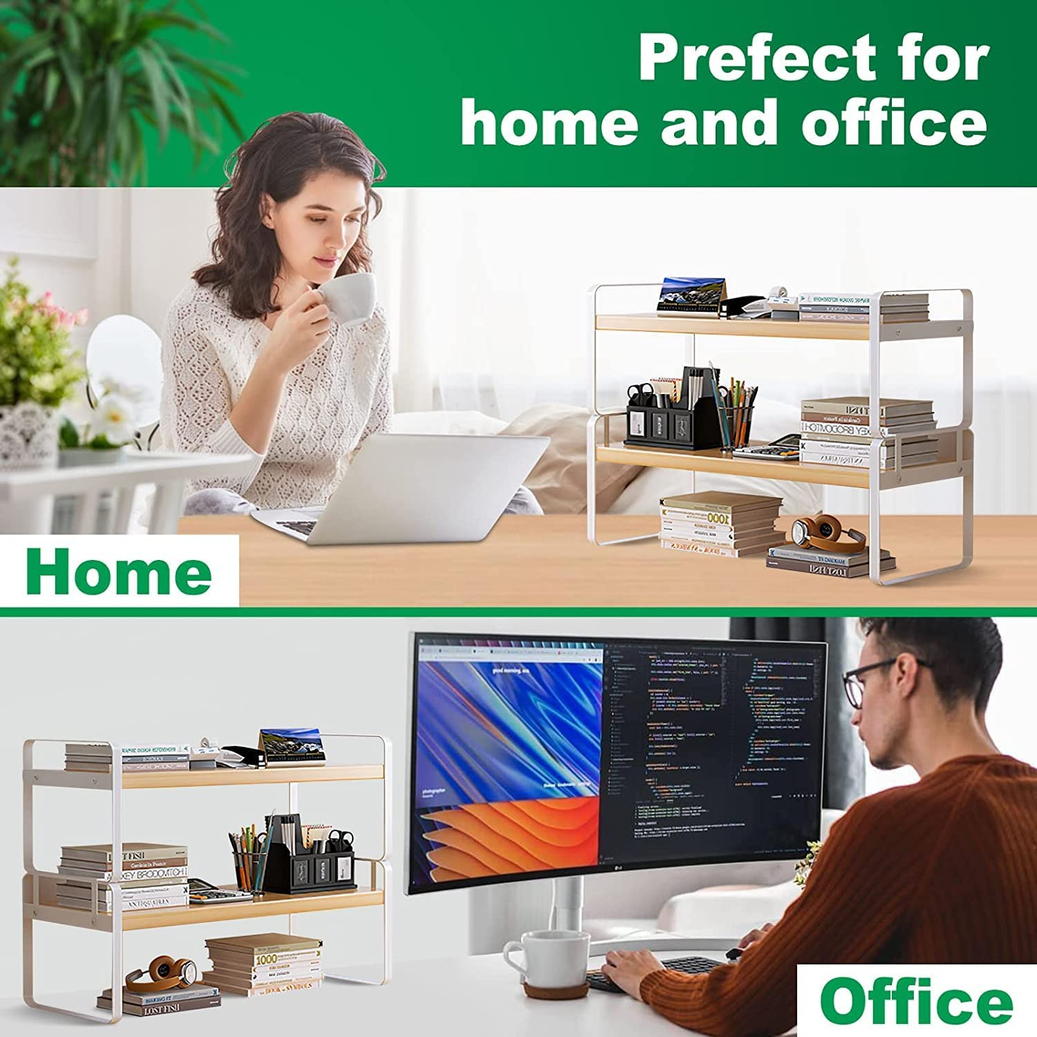 Joiena 2 Tier Desktop Bookshelf Plant Stand with Metal Frame Wood Board Desk Display Shelf Decor for Kids Office Rack Stationery Organizer Living Room Storage and Dormitory Use - Black Wood image number 7