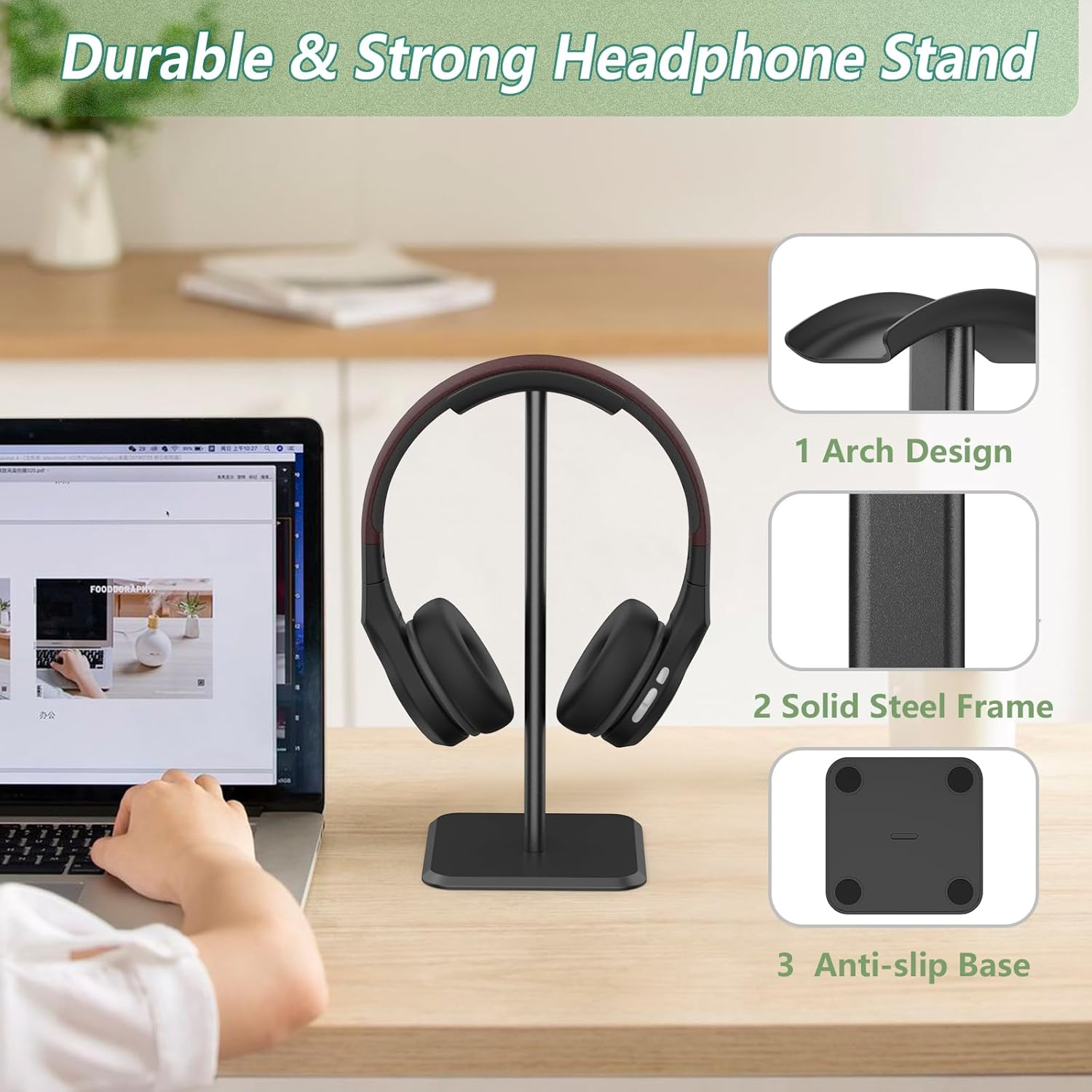 Headphone Stand, Headset Stand with Aluminum Supporting Bar, ABS Solid Base Universal Fit for Gaming Headsets, Wireless Headphones Black image number 4
