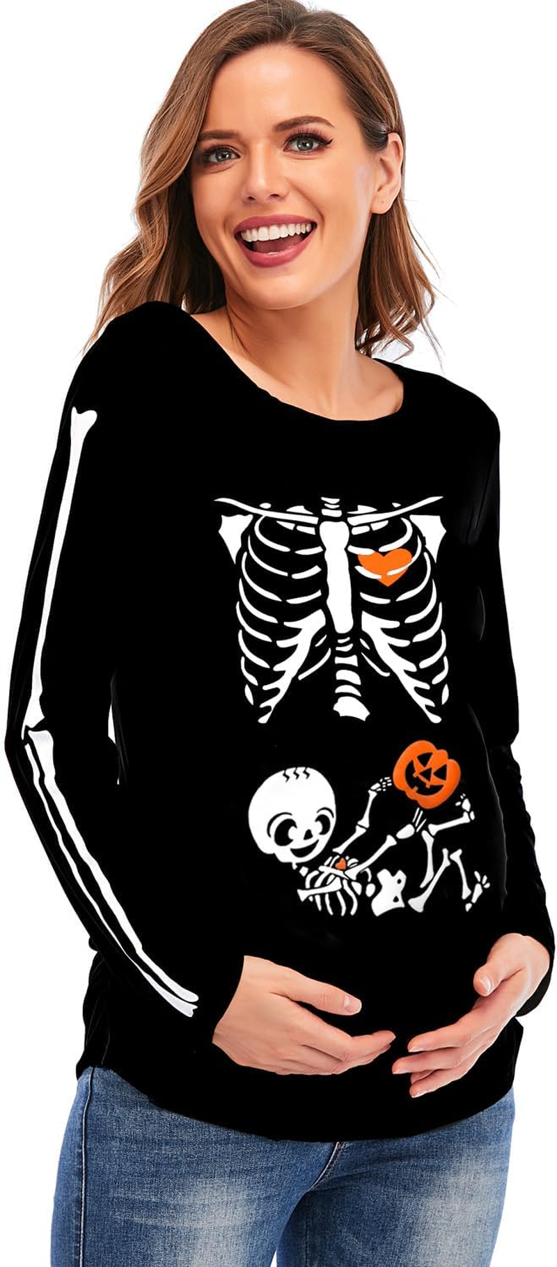 DDSOL Women Halloween Skeleton Maternity Shirt Long Sleeve Pumpkin Skeleton Baby Pregnancy Tops image number 6