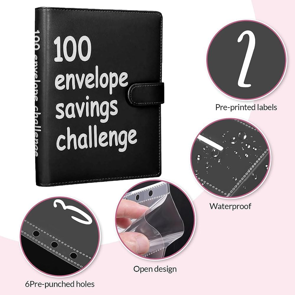 100 Envelopes Money Saving Challenge, 100 Envelope Challenge Binder, Easy and Fun Way to save $5,050, Savings Challenges Budget Book Binder with Cash Envelopes for Office,Home,School (Black) image number 4