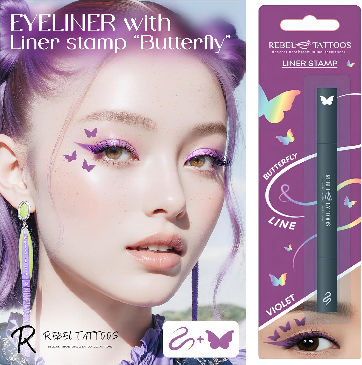 Rebel Tattoos 2-In-1 Eyeliner Stamp, Pigmented Intense Black Formula, Smudge-Budge Proof, Sweatproof, 24 Hour Stay Eyeliner Stamp (Purple Butterfy) image number 3