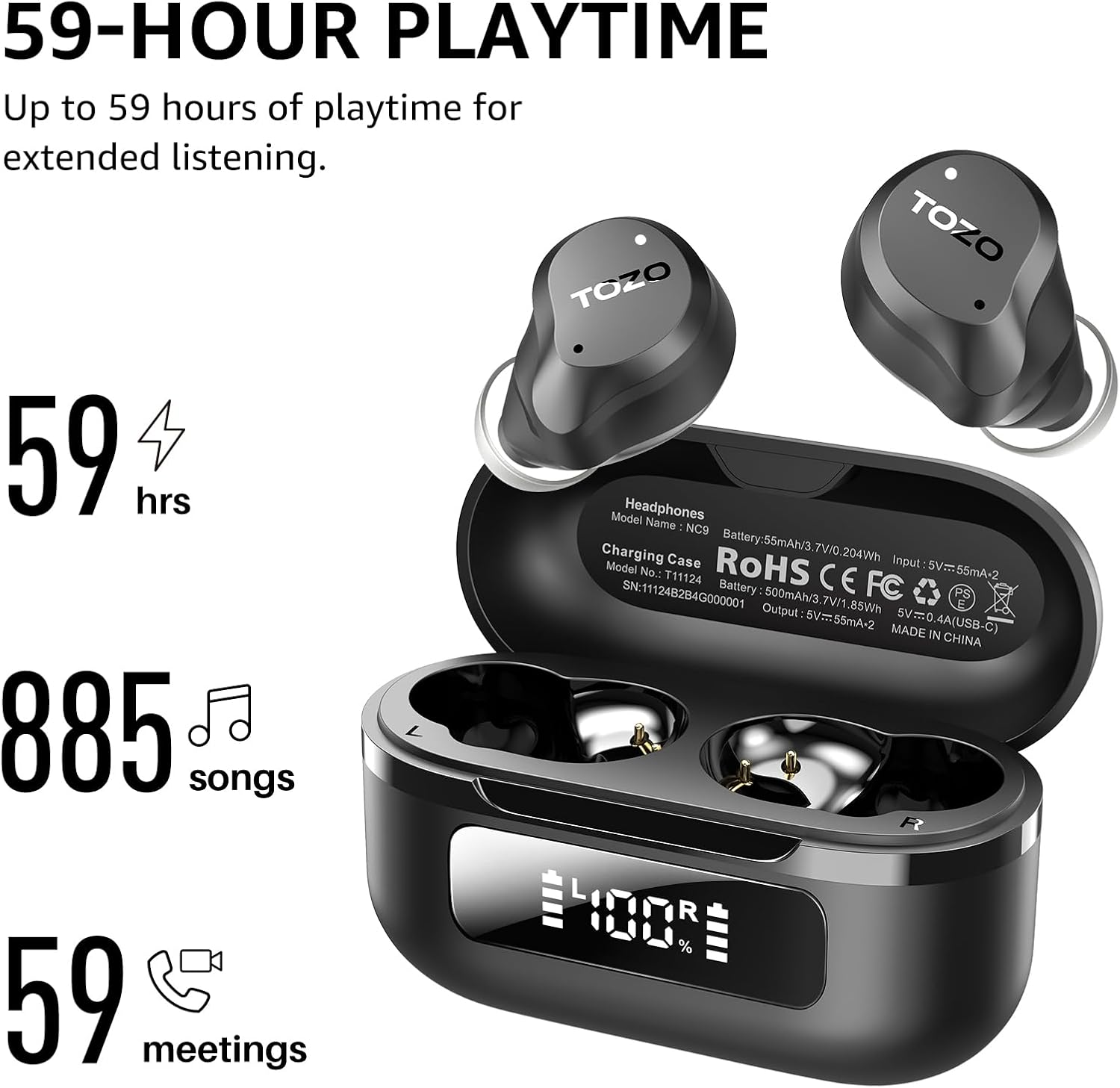 TOZO Hybrid Active Noise Cancelling Wireless Earbuds, 6 Mics ENC Clear Call, IPX8 Waterproof, in Ear Bluetooth 5.3 Headphones Stereo Bass Heasets 59H Playtime with LED Display 32 Eqs via APP - Blue image number 7