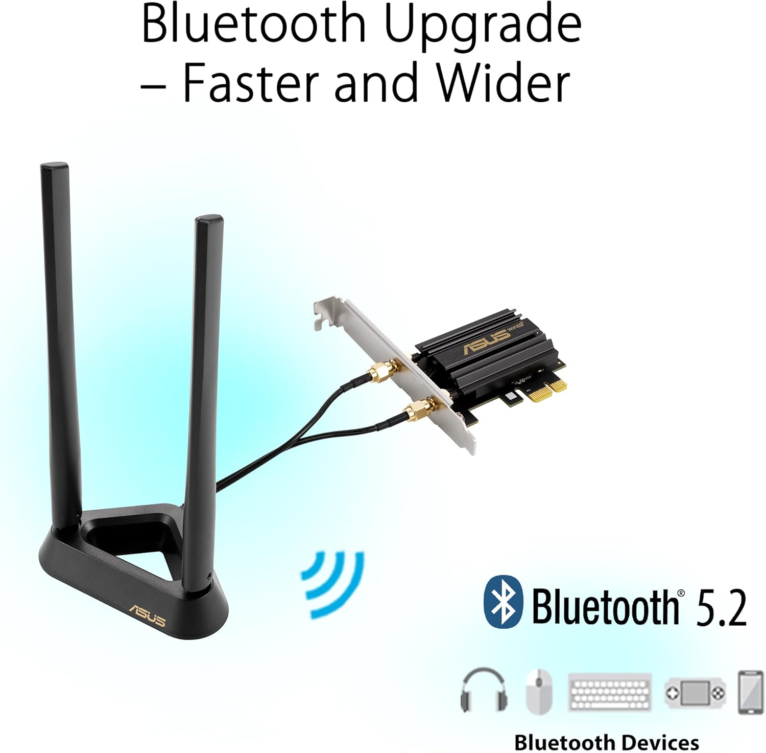 ASUS Wifi 6E + Bluetooth 5.2 PCI-E Expansion Card (PCE-AXE58BT) - Supports 6Ghz Band, WPA3, 160Mhz, WPA3 Network Security, OFDMA and MU-MIMO, External Antenna, Magnetic Base, Ultra Low Latency image number 1