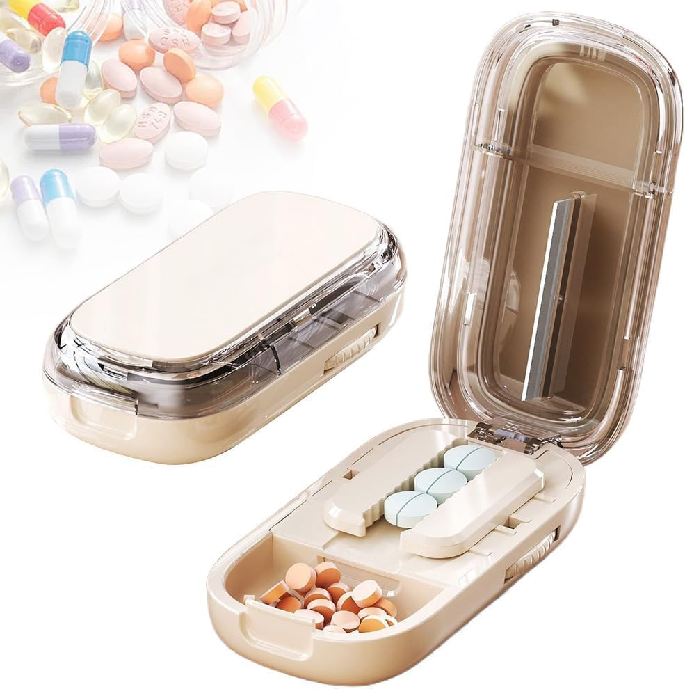 2025 Upgraded Portable Pill Cutter, Pill Splitter for Large Small Tiny Pills, 2 in 1 Pills Cutter & Storage Organizer for Purse Pocket Home Travel (Black-1/2)