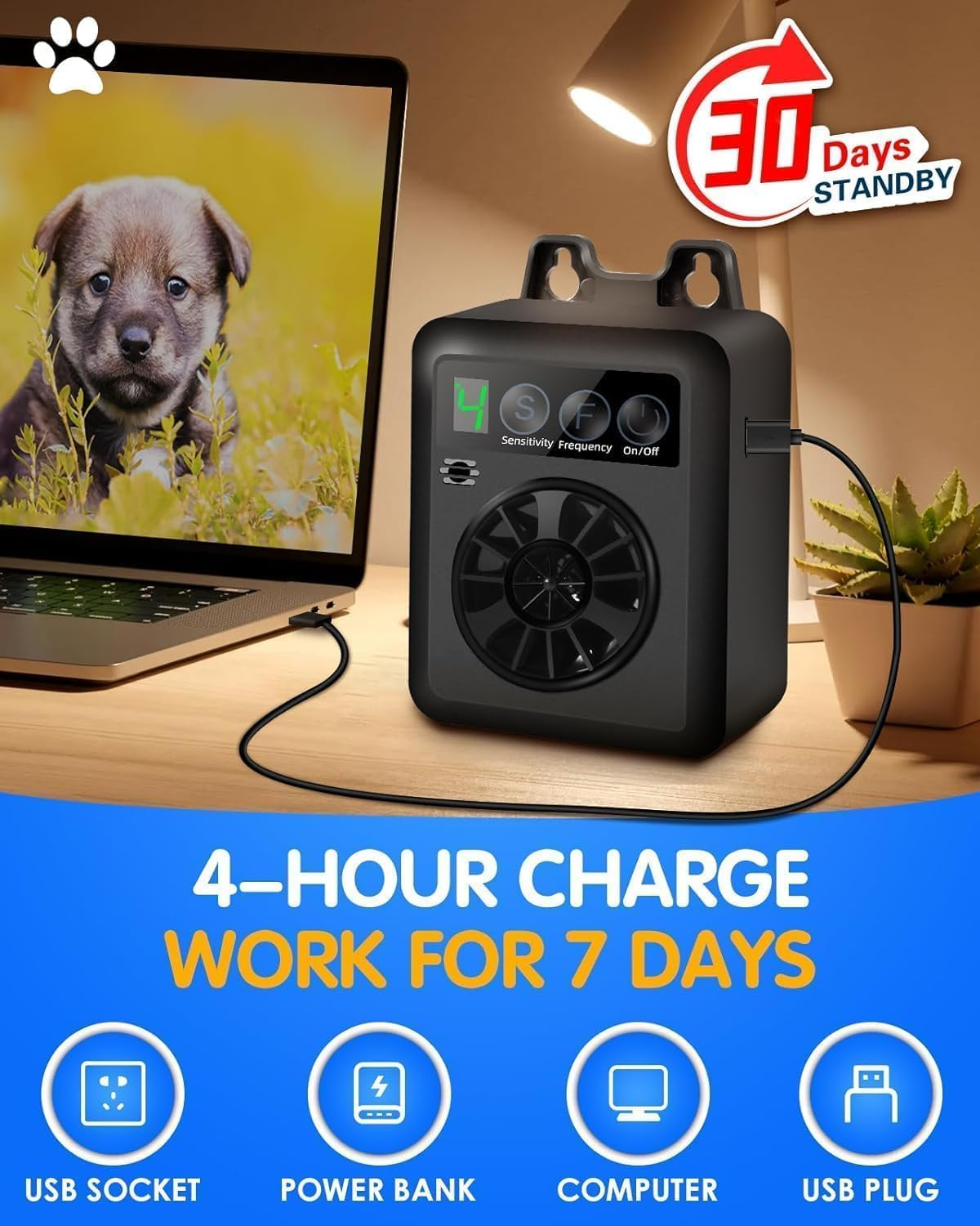 Rechargeable Dog Barking Control Devices Waterproof 50Ft Ultrasonic Dog Bark Deterrent with 4 Levels Sonic anti Bark Device for Dogs image number 6