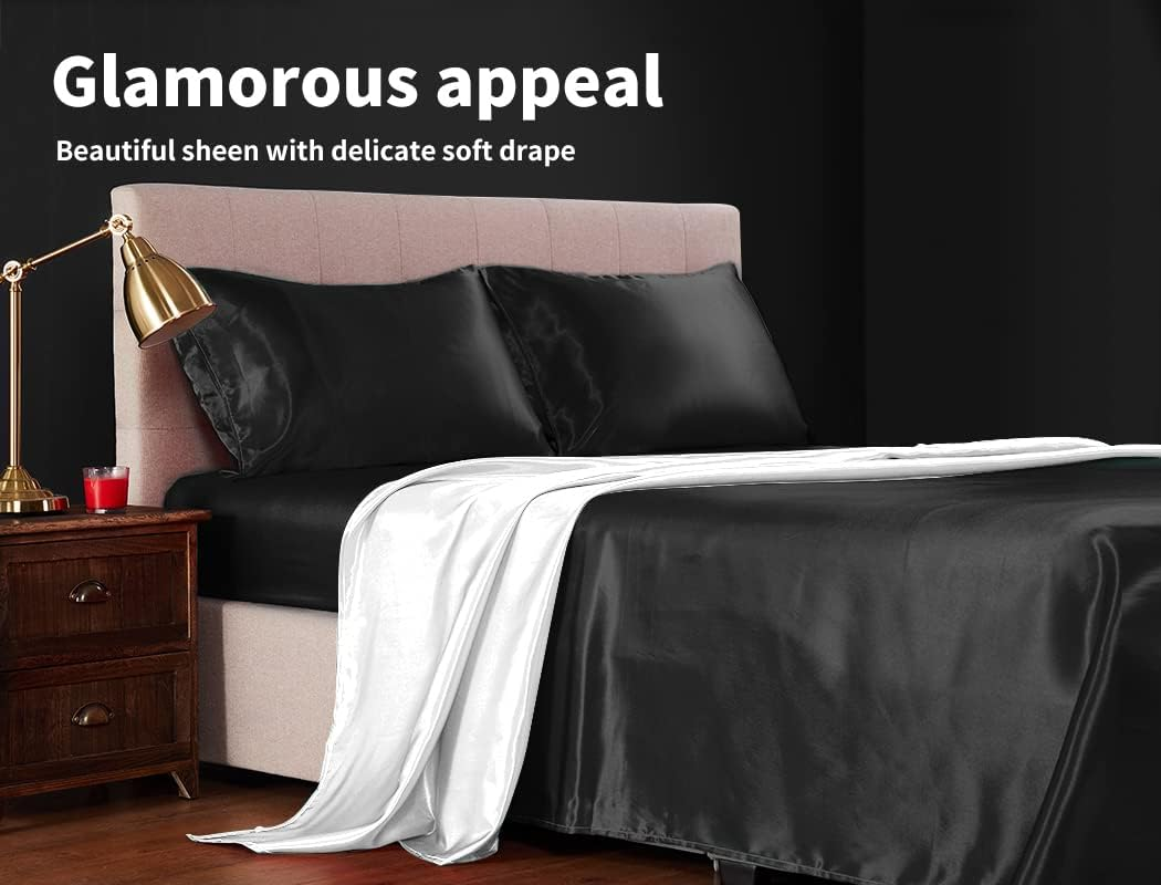 Dreamz Silky Satin Sheets Fitted Flat Bed Sheet Pillowcases Summer Double Black image number 2