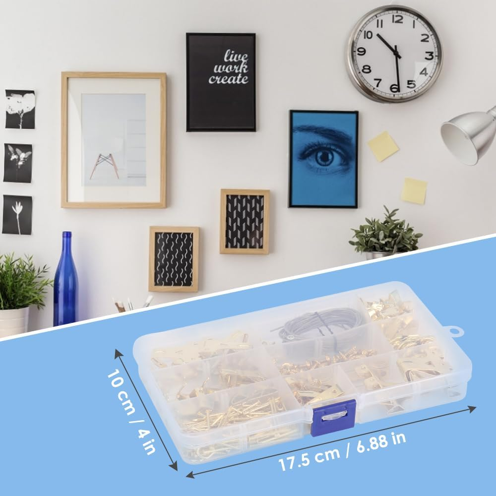 WOTOW Picture Hooks, 220 Pieces Multifunctional Picture Hanging Kits, Various Heavy Duty Picture Frame Hooks with Nails, Screw D-Rings and Zigzag Hooks for Picture Frame Fixing image number 1