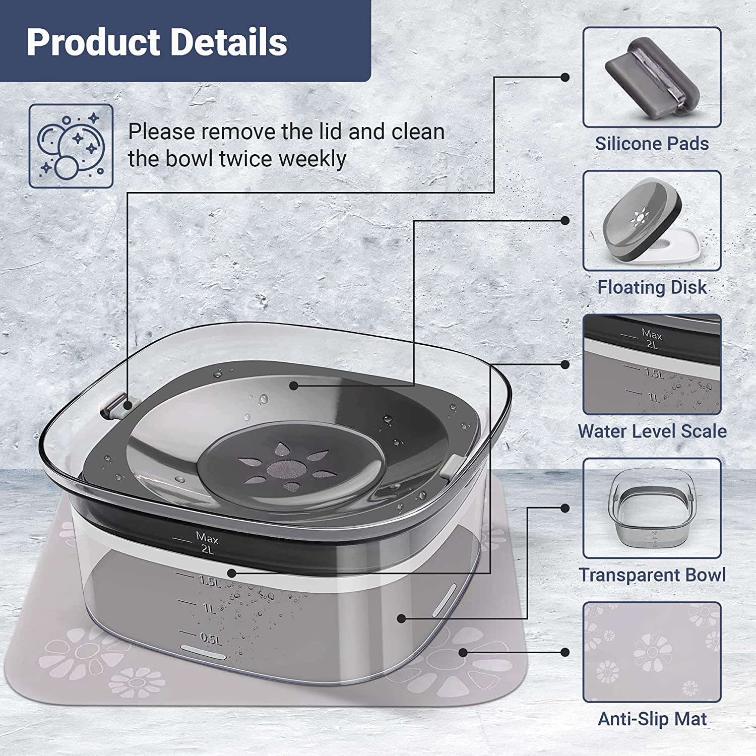 AUS Living Dog Water Bowl 2L No Spill with Non-Slip Mat, Large Capacity Floating Lid Slow Water Feeder, Avoid Mess and Slobber, Transparent Drinking Pet Water Dispenser for Home, Car. Keep Your Furry Friend Hydrated and Happy! image number 2