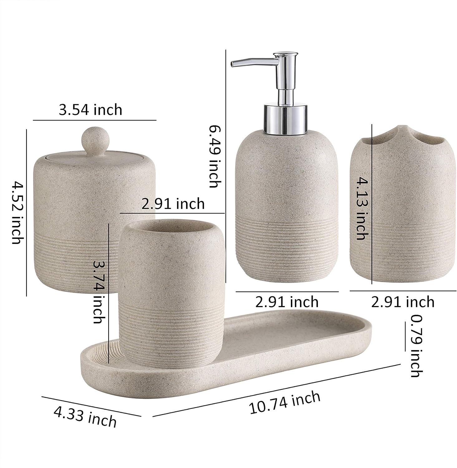 5-Pieces Bathroom Accessory Set Hight Quality Polyresin Ensemble-Lotion Dispenser/Toothbrush Holder/Cotton Jar/Tray/Tumbler Cup, Beige image number 5