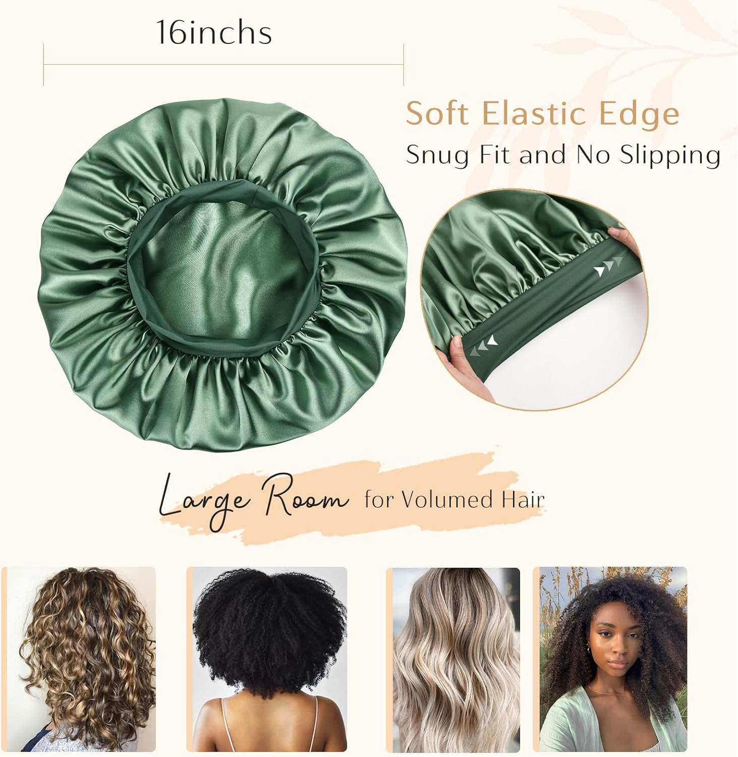 YANIBEST Silk Bonnet for Sleeping Women, Double Layer Hair Satin Bonnets with Elastic Band, Sleep Cap Curly Natural Hair, Green, One Size - Green image number 2