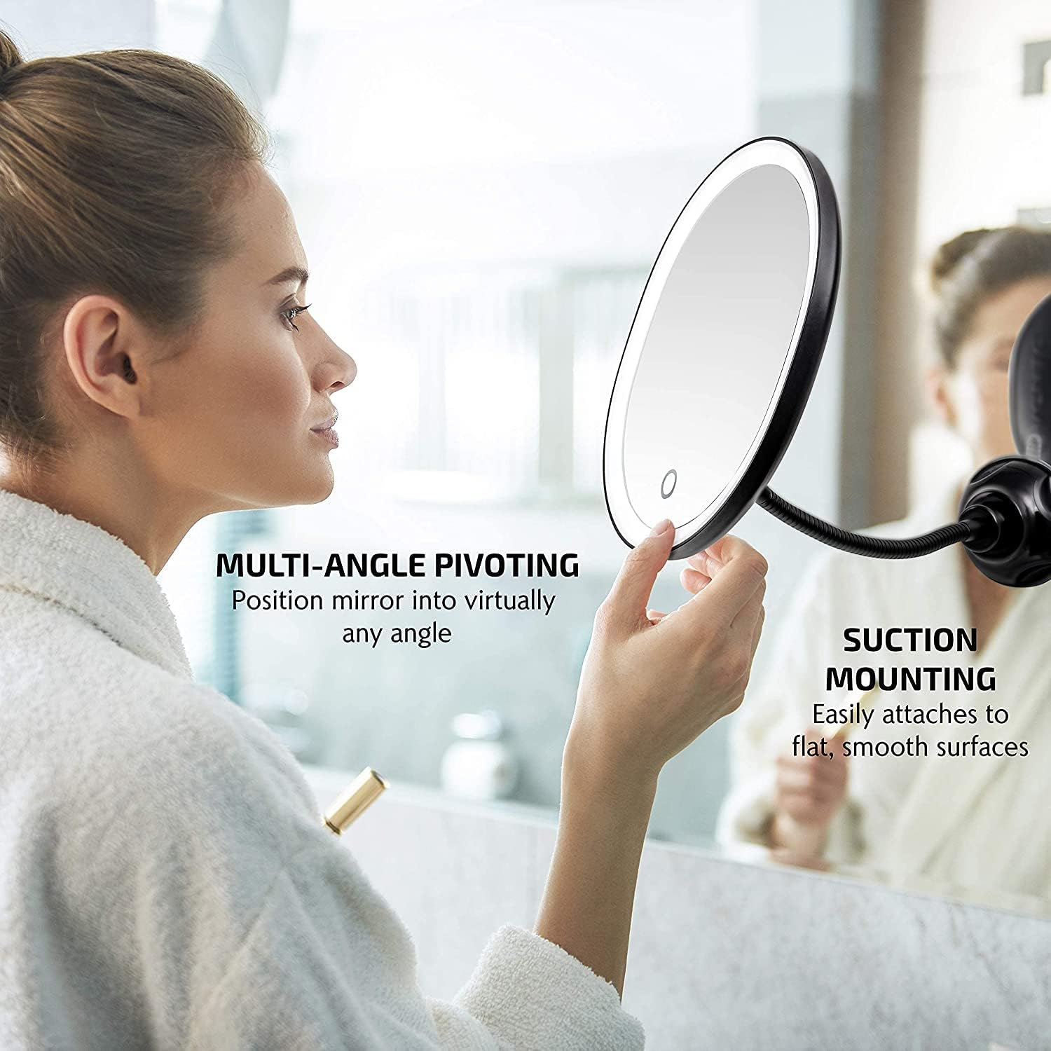 OVENTE 9'' Rechargeable Lighted Wall Mount Makeup Mirror for Bathroom with Mini Magnetic 10X Magnifying Mirror, Touch Screen Dimmable LED Lights, Flexible Gooseneck and Suction Mounting, Black MOW22B image number 2