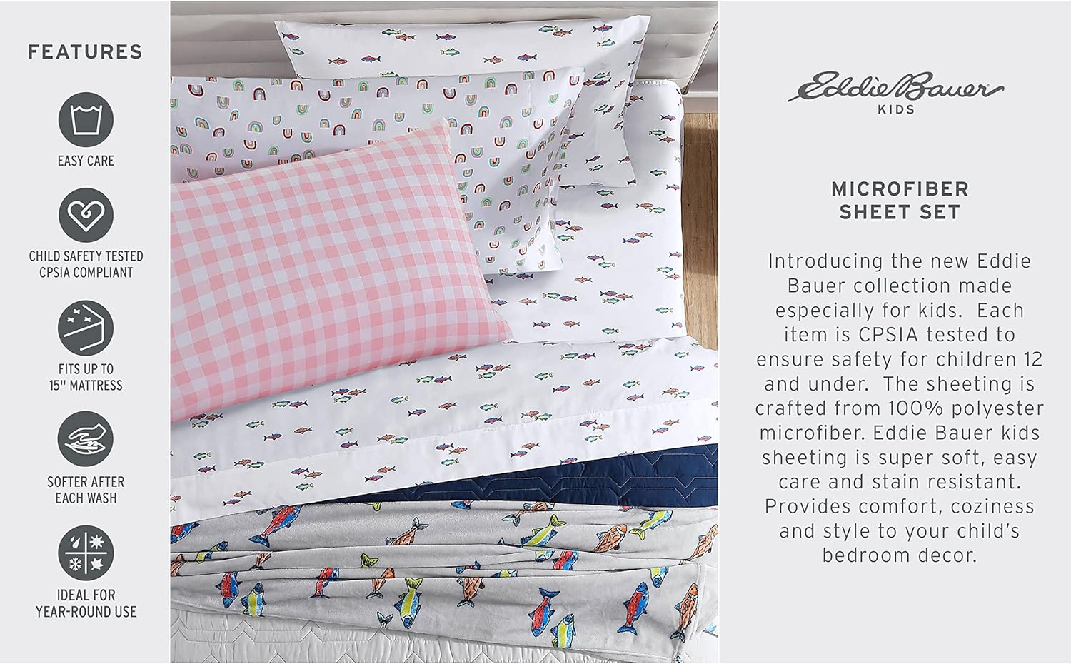 Eddie Bauer Kids - Queen Sheets, Stain Resistant Kids Bedding, Ideal for Toddler Bedding Set (Fish Lake White, Queen) image number 2