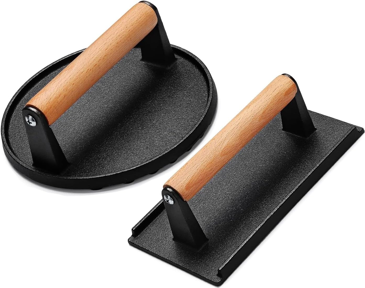 Burger Press, 7" round & 8.2"X4.3" Rectangle Hamburger Press, Heavy-Duty Cast Iron Bacon Press, Meat Press with Wood Handle for Burgers, Steak, Sandwich and Panini image number 4