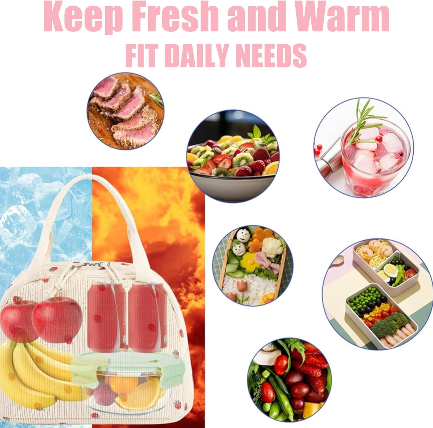 Insulated Lunch Bag for Kids - Adults, Reusable Corduroy Lunch Box Tote Bags, Leakproof Cooler Bag for Work Office Picnic School Travel BBQ image number 2