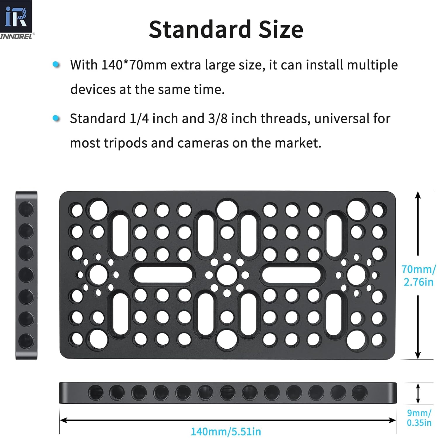 INNOREL CP1407 14 * 7Cm Multi-Functional Cheese Plate with 1/4" & 3/8" Threads, Switching Mounting Plate with Built-In ARRI Locating Holes for Camera and Tripod image number 4