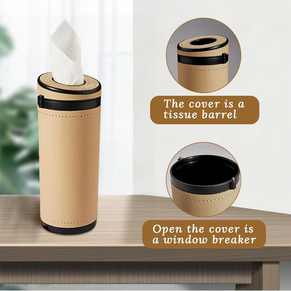 2 Pack Car Tissues Cylinder,Round Car Cup Holder Paper Box,With Window Breaker,Multi-Function Seat-Type Auto Tissue Holder,For Cars Cup Holder,Home,Bathroom,Office(Beige) image number 4