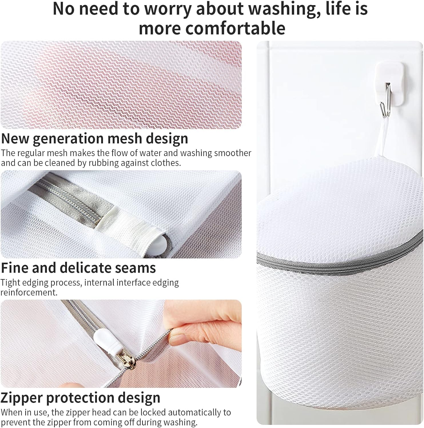 GENHY 5Pcs Mesh Laundry Bags, Durable and Breathable, Materials, Fine Gloss, No Odor, Strong and Durable, Fine Mesh, Smooth Zipper（White） image number 4