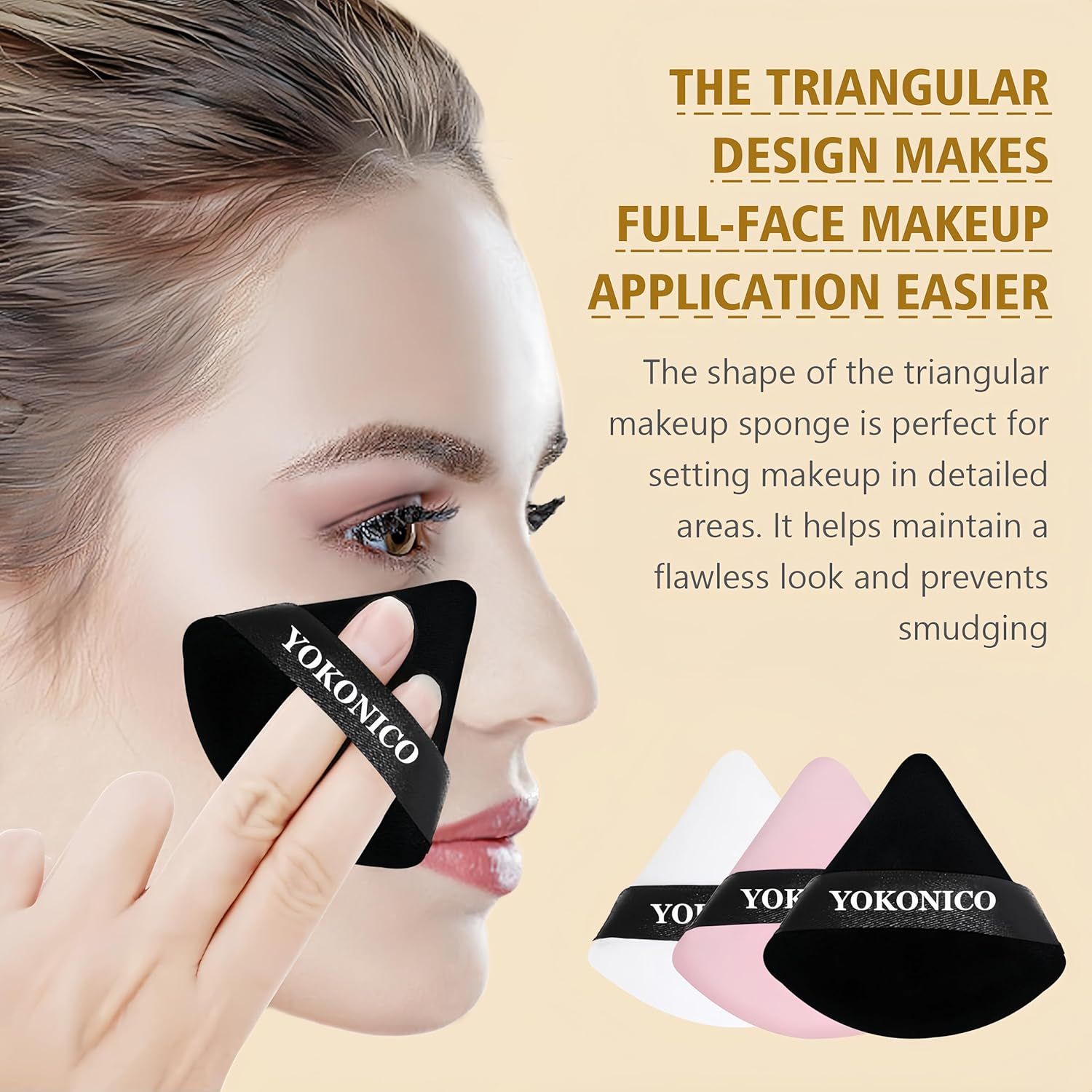 YOKONICO Triangle Powder Puff, 10 Pack Soft Velour Makeup Puffs for Loose Powder, Cotton Sponges Puff for Face Cosmetic Foundation, Mineral Wet Dry Makeup Tools (Black&White) image number 3