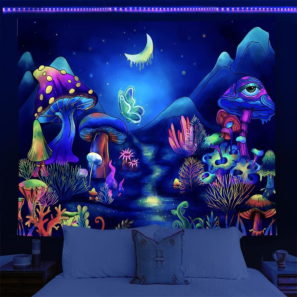 Wonrizon Blacklight Fantasy Forest Tapestry, Waterfall Rainbow Misty Jungle Plants Tapestries UV Reactive Wall Hanging Glow in the Dark Nature Landscape Decor for Bedroom Living Room (Waterfall