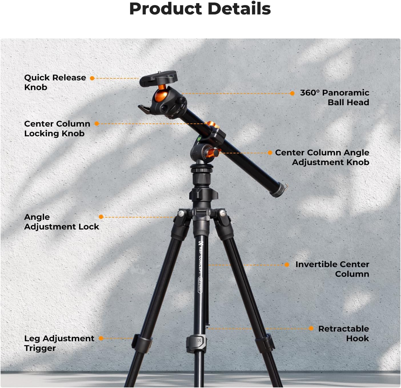 K&F Concept 76 Inch Camera Tripod with Rotatable Multi-Angle Center Column,Lightweight Travel Outdoor DSLR Tripods with 360 Degree Ball Head Load Capacity 8Kg/17.6Lbs, Cellphone Clips for Smartphone image number 6
